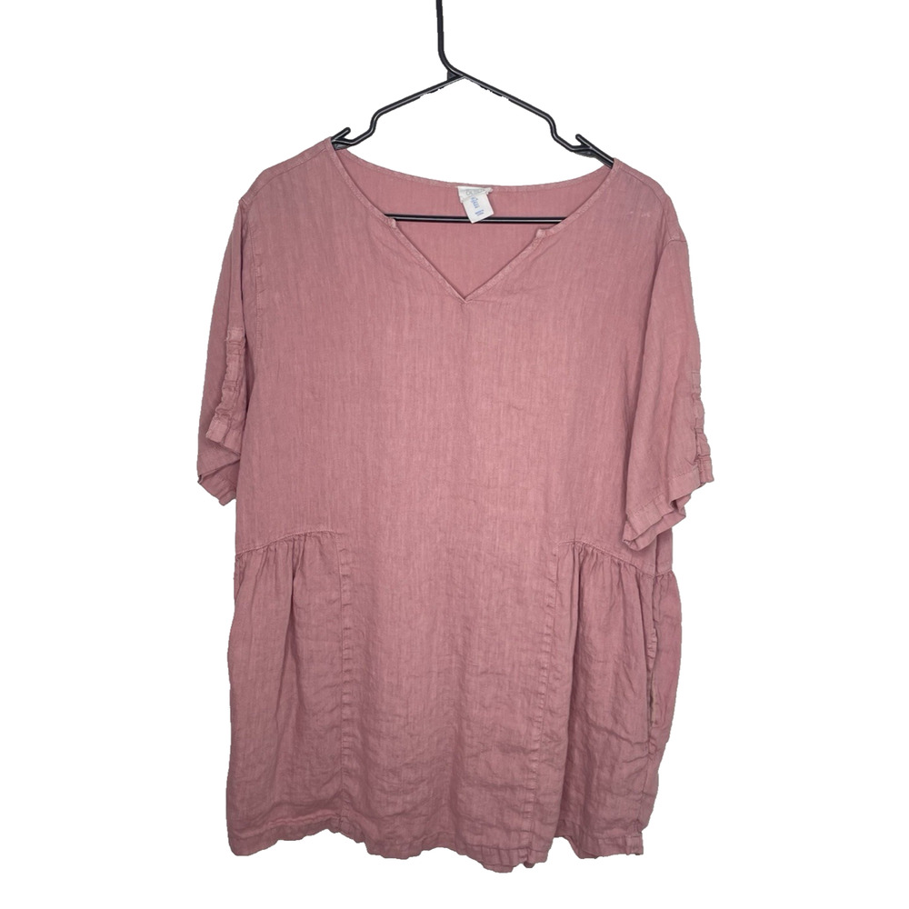 Linen Womens Blouse Size L‎ Short Sleeve Oversized Pink Boxy Top Boho Coastal